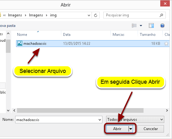 Localizar e selecionar o arquivo de imagem no seu computador e, em seguida, clicar em Abrir